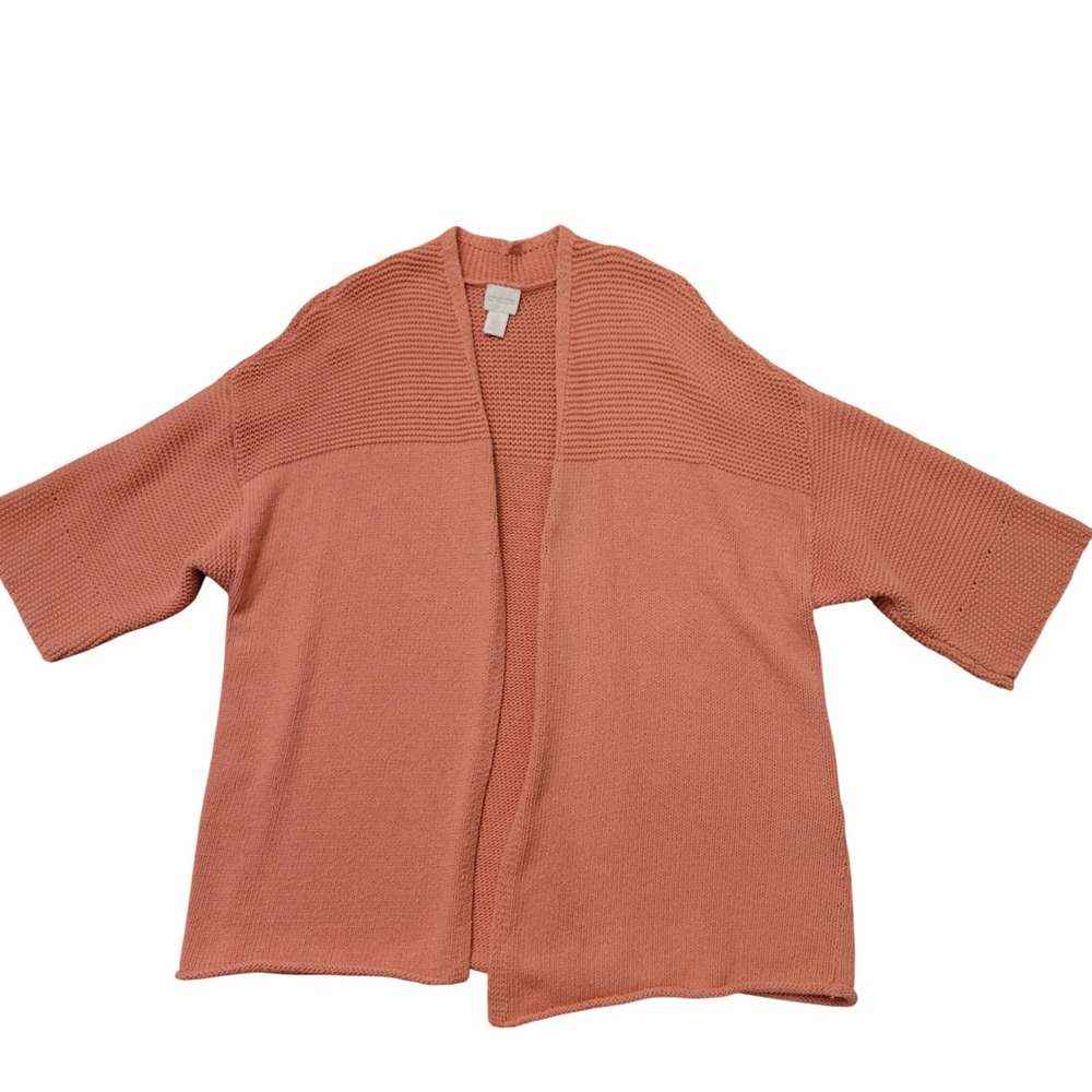 Chicos 2 Cardigan Peach Cotton Knit Open Front Relaxed Boxy Oversized Cozy L
